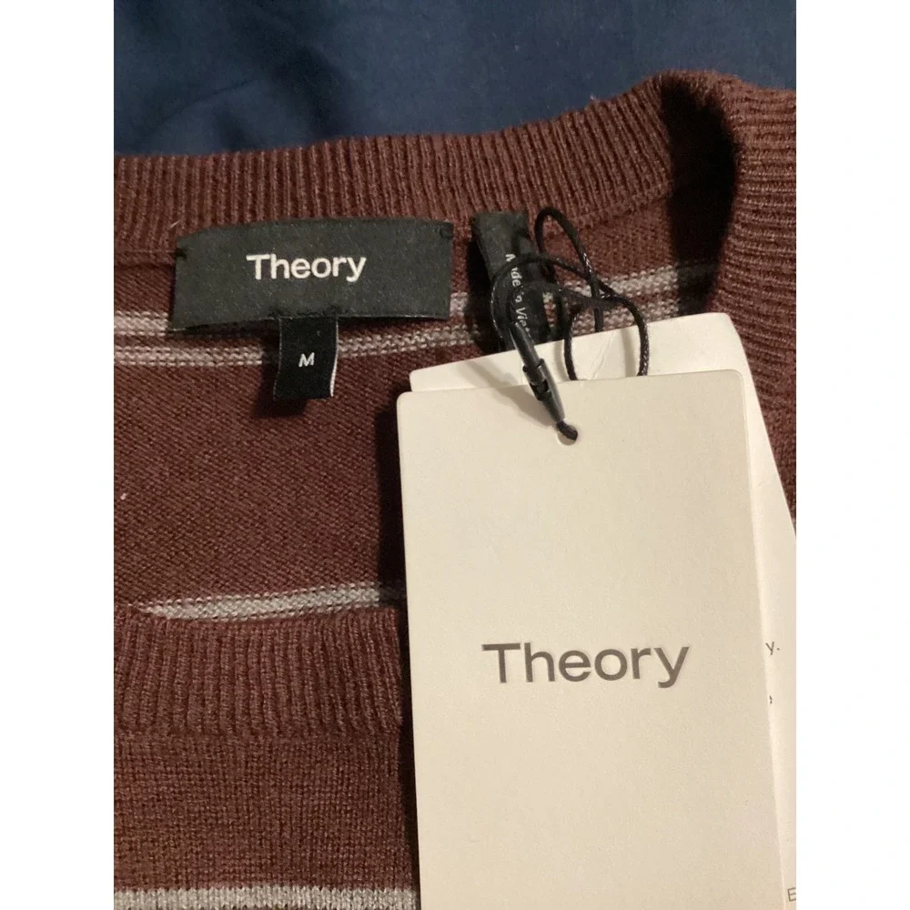Theory Mens Riland P Harman Merino Wool Striped Crewneck Sweater Burgundy Size M